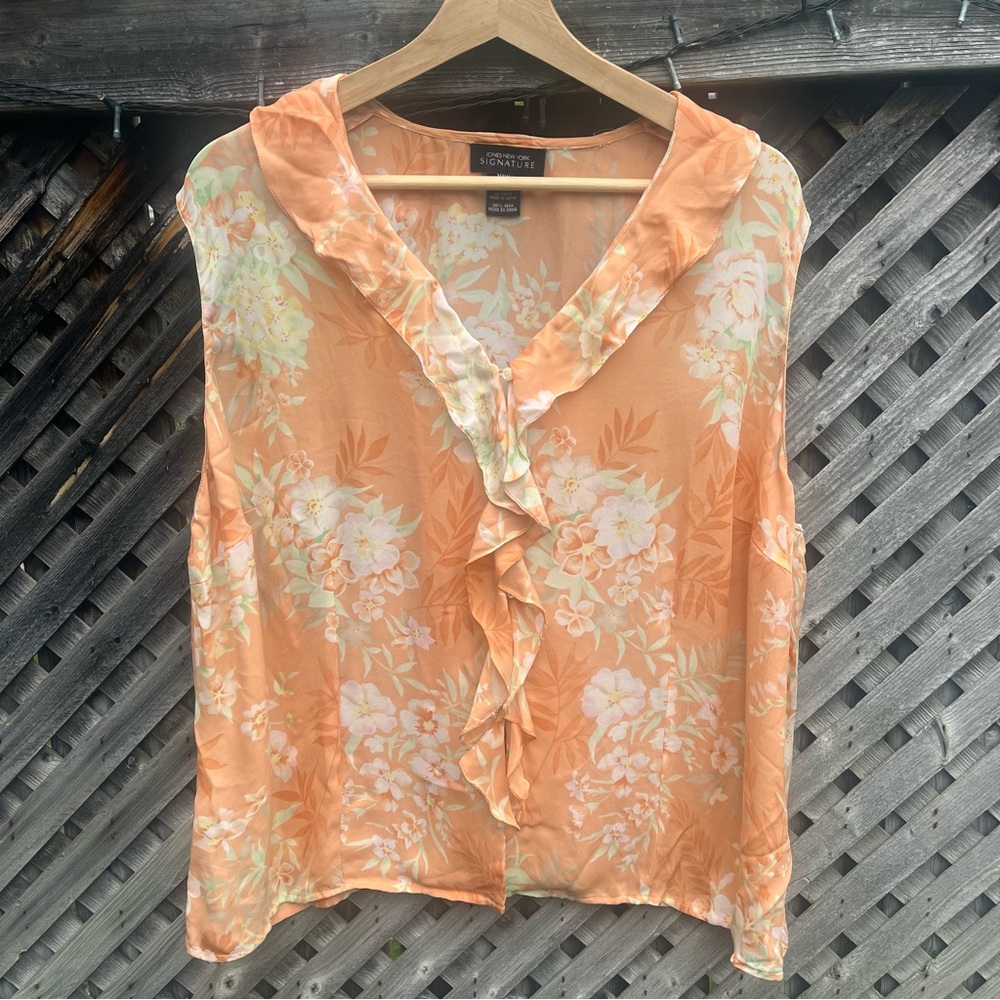 Jones New York Orange Ruffle Floral Sleeveless Blouse 100% Silk Boho Womens 18W